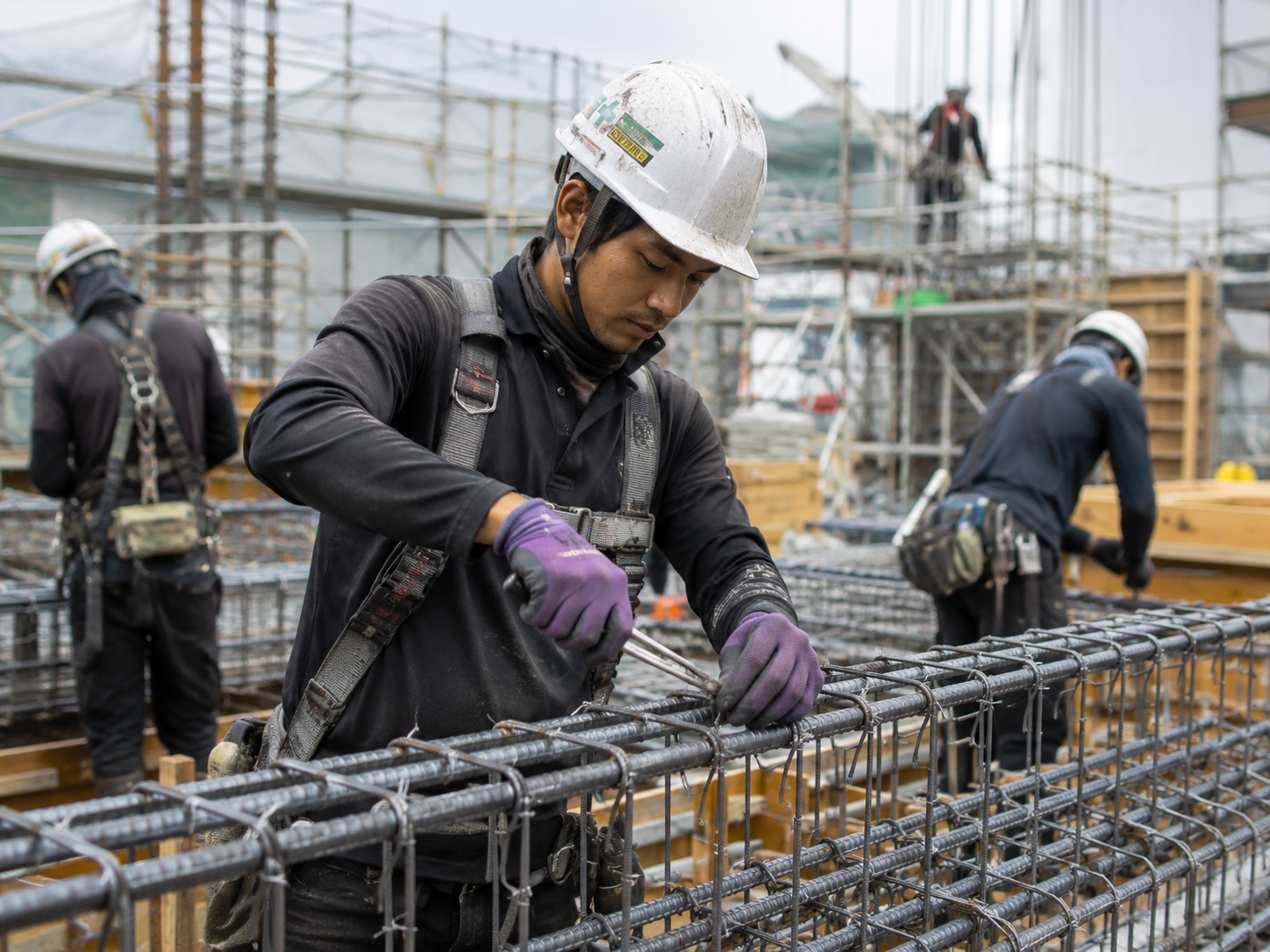 建設現場で鉄筋を組む人材