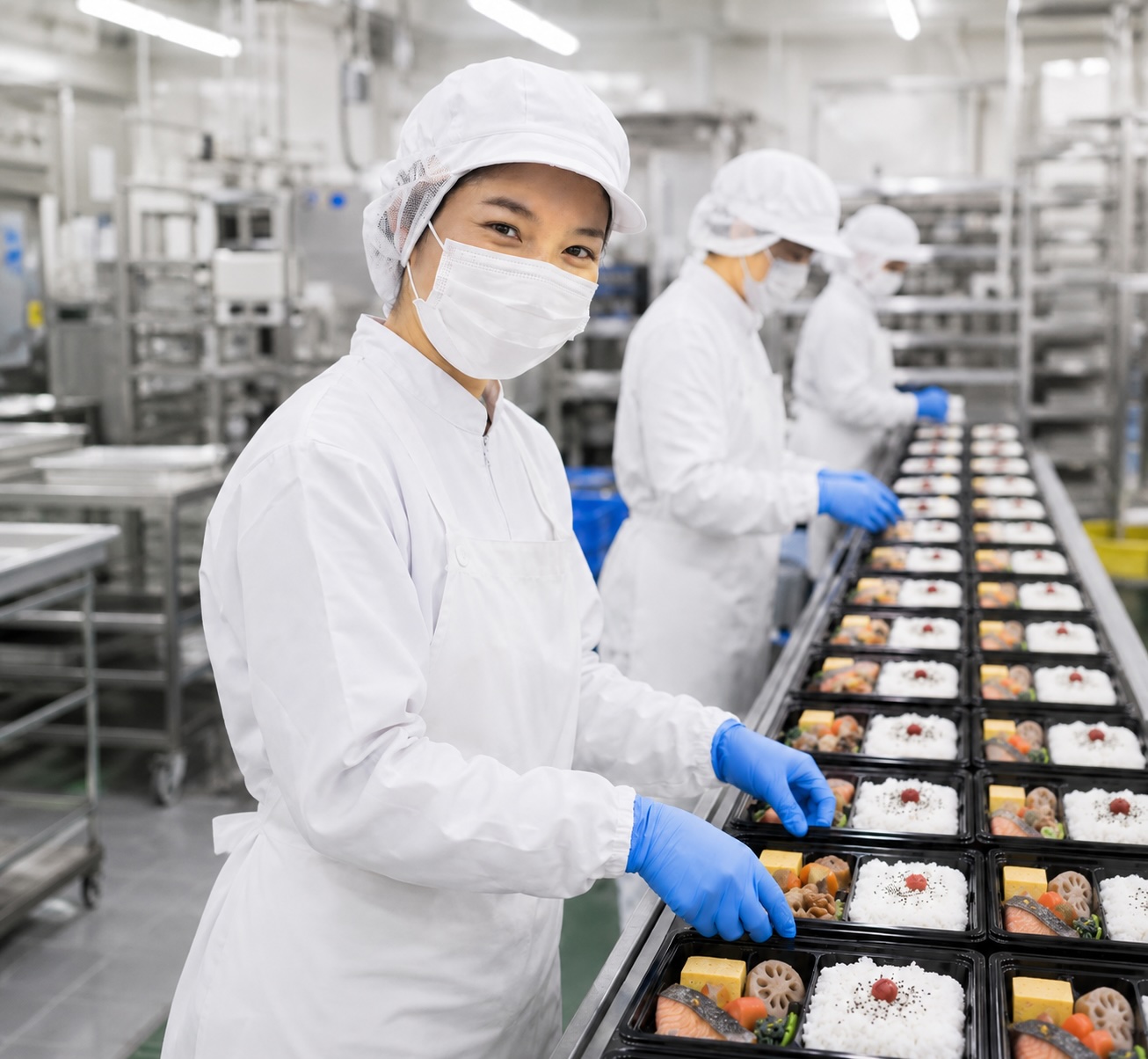食品製造ラインで盛り付け作業をする人材